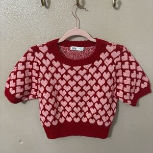 Zara Red and Pink Heart Knit Sweater
